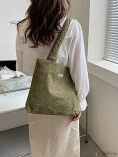 Bird in Bag - Letter Patch Decor Corduroy Shoulder Tote Bag with Spacious Capacity Shopper Bag Pattern, Style Preppy, Shoulder Tote Bag, Bird In Bag, Shopper Bag, Hand Bags, Handle Bag, White Collar, Shoulder Tote