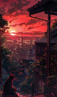 a cat sitting on top of a building looking out at the sunset over a city