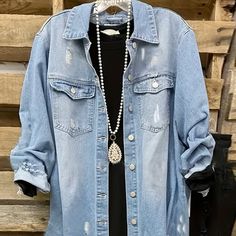 Brand New, Just Don’t Like How It Fits Denim Style Casual, Lady Sings The Blues, Denim Shacket, Trendy Outerwear, Denim Shirts, Distressed Denim Jacket, Clothing Size Chart, Womens Clothing Sizes, Chest Pad