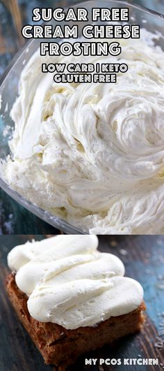 two pictures showing how to make cream cheese frosting on bread with text overlay that reads, sugar free cream cheese frosting