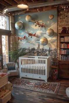 a baby's room with an airplane mural on the wall and a white crib