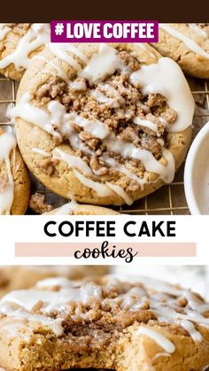 coffee cake cookies with white icing on top and the bottom one is cut in half