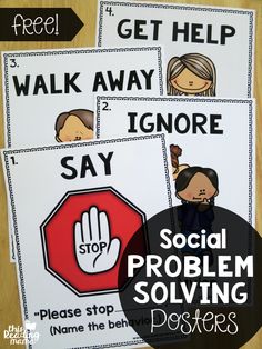 social problem solver posters for students to help them learn how to say stop and get help