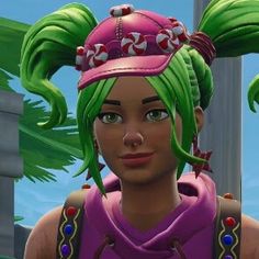 a close up of a person with green hair wearing a pink hat and purple shirt