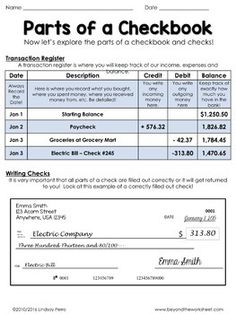 the worksheet for parts of a checkbook