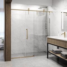 a bathroom with marble walls and flooring next to a walk - in shower stall