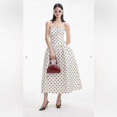 New With Tag For Partygoers After A Hearty Dose Of Vintage Chic, This Polka Dot Taffeta Dress Falls From A Timeless Bandeau Neckline To A Flattering Dropped Waist And Full Photo-Ready Midi Skirt. Fitted Style, Take One Size Up If Between Sizes This Style Has Minimal Stretch Zip Closure At Back Removable Shoulder Straps Hidden Pockets At Side Model Is 5ft10/178cm And Wears A Size Uk 8 Elegant Polka Dot Midi Dress For Evening, Silk Polka Dot Spring Dress, Silk Polka Dot Dress For Spring, Spring Silk Polka Dot Dress, Chic Evening Dresses In Polka Dot, Chic Polka Dot Evening Dress, Polka Dot A-line Party Dress, Elegant Polka Dot Formal Dresses, Polka Dot Midi Dress For Formal Occasions