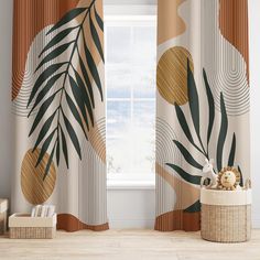 the curtains are decorated with tropical leaves and circles, along with a teddy bear in a basket