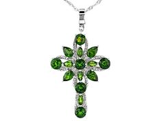 4.78ctw Round, Marquise and Pear Shaped Chrome Diopside Rhodium Over Sterling Silver Cross Enhancer Pendant With 18" Singapore Chain. Measures Approximately 1.93"L X 1.04"W. 5mm Bail. Lobster Claw Clasp With 2" Drop Extender Tsavorite Gemstone Jewelry For May Birthstone, Green Stone Pendant Jewelry, Green Pendant Jewelry With Stones, Green Pendant Gemstones For Formal Occasions, Green Multi-stone Jewelry For May Birthstone, Green Teardrop Pendant With Adjustable Chain, Green Tsavorite Jewelry With Accent Stones, Green Cubic Zirconia Teardrop Pendant Jewelry, Green Multi-stone Fine Jewelry Necklace