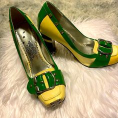 Unique Yellow/Green/Black Platform Heels By Naughty Monkey. New Heels, Never Worn. Rare Find. This Style Not Made Anymore. Vintage Yellow Pointed Toe Heels, Vintage Yellow Heels With Round Toe, Retro Yellow Heels For Party, Yellow Retro Heels For Party, Retro Yellow High Heels, Yellow Retro High Heels, Yellow Retro Heels For Spring, New Heels, Black Platform Heels