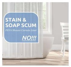 a shower curtain with the words stain and soap scum written in blue on it