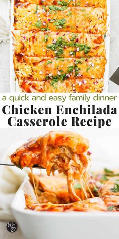 Chicken Enchilada Casserole - a quick and easy recipe for making a chicken enchilada casserole with real, simple ingredients. Perfect for feeding a crowd, especially when you serve it with some salsa rice on the side!  This recipe can be made gluten-free and dairy-free. Our simple Chicken Enchilada Casserole is full of melty cheese, tender chicken, refried beans, layers of tortillas, and red enchilada sauce with just a bit of spice. Red Chicken Enchiladas, Salsa Rice, Easy Chicken Enchilada Casserole, Easy Chicken Enchilada Recipe, Chicken Enchilada Casserole Recipe, Refried Beans Recipe, Recipes With Enchilada Sauce, Enchilada Casserole Recipes, Easy Enchiladas