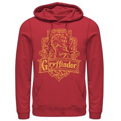 a red harry potter hoodie with the hogwarts crest and gryffindor on it