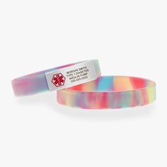 Our ActiveWear Sport Silicone Medical ID Bracelet in Tie Dye combines color and comfort. This multi color medical ID bracelet for kids is waterproof and hypoallergenic, making it ideal for 24/7 wear. Your order includes two tie dye silicone bands and one custom-engravable ID tag. This high quality, hypoallergenic, and waterproof medical alert is an ideal medical alert for girls. This girls' medical ID bracelet is custom engravable with your child's allergy alert, epilepsy alert, autism alert, or Medical Id Bracelets For Kids, Cute Medical Id Bracelets, Medical Id Bracelets Woman, Medical Alert Bracelet Womens, Gold Medical Alert Bracelet, Medical Alert Jewelry, Kids Allergies, Medical Id Bracelets, Medic Alert Bracelets