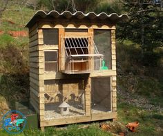 a small chicken coop with a bird in it