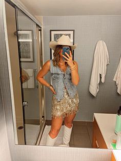 Loved this look for a friend’s disco/rhinestone cowgirl bachelorette themed night!! Glitter Western Outfit, Disco Cowboy Party Outfit, Sequin Cowgirl Outfit, Cowboy Disco Outfit, Western Disco Outfit, Disco Cowgirl Costume, Cowboy Bachelorette Party Outfit, Cowboy Theme Party Outfit, Disco Cowboy Outfit