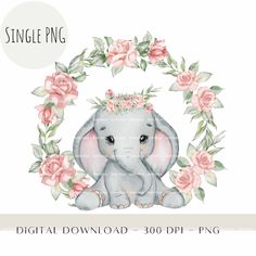 an elephant with flowers on it's head sitting in front of a floral wreath