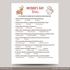 the mother's day trivia is shown in this printable activity sheet for kids