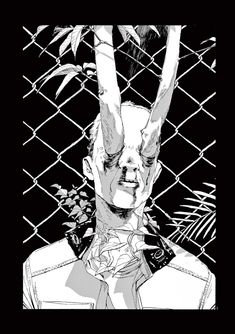 a black and white drawing of a man with his hands up in front of a chain link fence