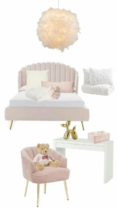 a bedroom with pink furniture and accessories including a bed, chair, desk, lamp and teddy bear