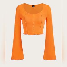 Shein Ezwear Plus Seam Detail Lettuce Trim Tee. Orange, Long Sleeve Crop Top With Bell Sleeves. Light And Comfortable. Orange Casual Plain Lettuce Trim Scoop Neck Long Sleeve Flounce Sleeve Crop Slim Fit Slight Stretch Knitted Fabric 95% Polyester, 5% Elastane Machine Wash Or Professional Dry Clean New Without Tags Orange Top Outfit, Long Sleeve Top Outfit, Orange Outfits, Orange Long Sleeve Shirt, Affordable Plus Size Clothing, Orange Outfit, Halloween Costume Outfits, Orange Shirt, Crop Top Outfits