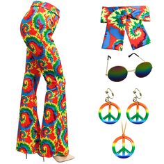 PRICES MAY VARY. 【70s Costumes Set】You will receive in total 6 pices set - 1 hippie flared bottom pants, 1 headband, 1 sunglass, 1 peace sign necklace and 1 pair peace sign of earrings. A perfect outfit set for 60s 70s 80s theme parties. 【Comfortable Pants with Vintage Accessaries】The flared pants are made of 85% polyester and 15% spandex fabric, it is soft, stretchy, lightweight, smooth, breathable, make you feel comfortable and show your curve, the necklace and earrings are made of primium pla 70s Costumes, 70s Theme Party, 70s Theme, Retro Trousers, 70s Costume, Head Decoration, 80s Theme, 80s Women, 70s Women