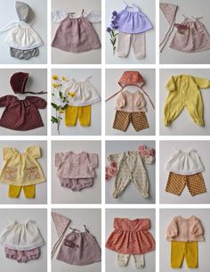 many different types of baby clothes are shown in multiple pictures, one is pink and the other is yellow