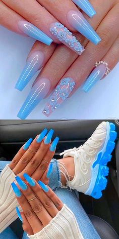 Baby Blue Acrylic Nails, Blue Ombre Nails, Pink Ombre Nails, Long Acrylic Nail Designs, Ombre Acrylic Nails, Cute Acrylic Nail Designs, Glow Nails, Coffin Shape Nails