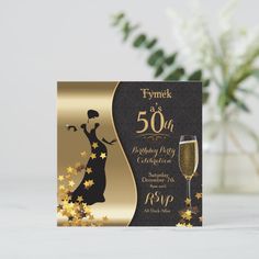 Black & Gold Art Deco 50th Birthday Invitation | Zazzle Gatsby Party Decorations, Design Black Gold, Gatsby Party, Birthday Party Celebration