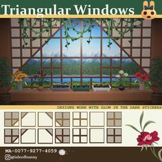 an advertisement for a window with flowers and plants in the window sill, as well as other windows