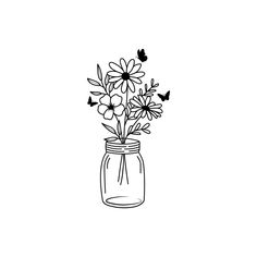 a jar filled with lots of flowers on top of a white table next to a butterfly