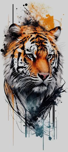 a tiger's face with paint splattered on it and the background is orange