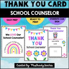 the back to school thank you card is shown in three different colors, with an image of