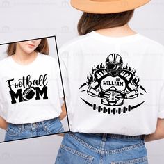 a woman wearing a football mom shirt and a t - shirt with the words football mom on it