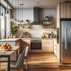 a modern kitchen with wood floors and stainless steel appliances