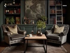 a living room with two chairs and a coffee table