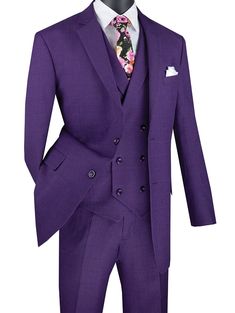 Purple Regular Fit Glen Plaid 2 Button 3 Piece Suit | Men's Fashion Bra Deals, Cheap Suits, Double Breasted Vest, Purple Suits, Collar Vest, Church Suits, Men Suit, Plaid Suit, Flat Front Pants