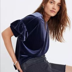 Nwt Madewell Velvet Top Exaggerated Ruffle Sleeve Blue Never Worn. Bl6537 With Its Swingy Ruffled Sleeve, This Perfectly Boxy Velvet Tee Is A Feminine Take On A Classic. A Wear-Anywhere Style With, You Know, A Little Something Extra. Relaxed Fit. Poly/Spandex. Machine Wash. Import. K1804 Velvet Puff Sleeve Shirt, Blue Velvet Top, Velvet Tees, Velvet Blouse, Ruffle Sleeve Top, Velvet Shorts, Velvet Blouses, Velvet Top, Ruffled Sleeve Top