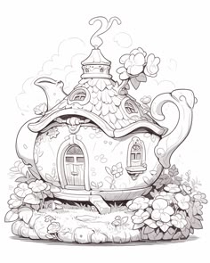 a drawing of a teapot house in the middle of some flowers and grass with clouds above it