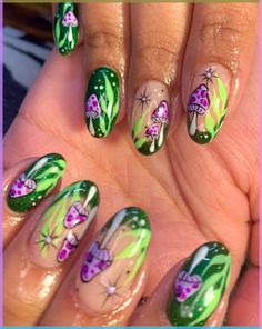 Nails With Mushrooms On Them, Cottagecore Nails Mushroom, Mush Room Nails, Amsterdam Nails Art, Pastel Mushroom Nails, Grunge Spring Nails, Cute Mushroom Nail Designs, Neon Mushroom Nails, Alternative Spring Nails