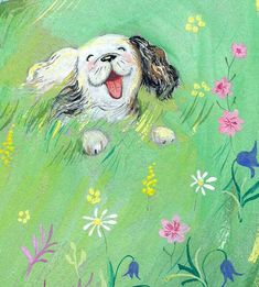 a painting of a dog laying in the grass with flowers on it's side