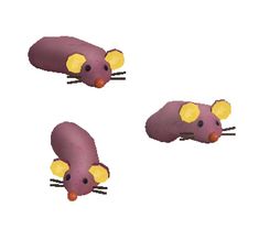 three purple mice with yellow eyes and ears