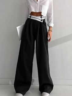 Details Composition: 95% Polyester. 5% Elastane Design: Plain Style: Casual Thickness: Regular Sheer: No ... Work Pants Women, Black Wide Leg Trousers, Kuantan, Jeans Cargo, Maxi Robes, Yoga Shorts, Pants Design, Women Pants Casual