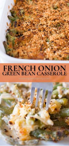 french onion and green bean casserole in a white dish with a fork