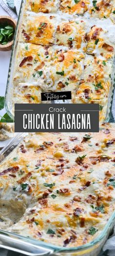 chicken lasagna casserole in a glass baking dish