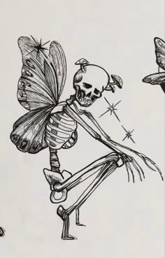 a drawing of a skeleton with a butterfly on it's back and a skull in the air