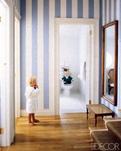 . Pink And White Striped Walls, Striped Wallpaper Bathroom, Blue Striped Walls, Striped Hallway, Stripe Wall, Painted Stripes, Wallpaper Pink And White, Striped Room, Striped Walls