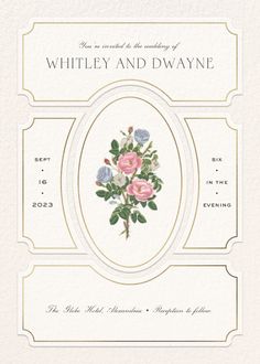 a wedding card with roses on it and the words, whitley and d'wayne