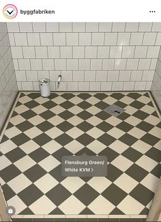 a bathroom with black and white checkered flooring on the shower wall, toilet paper dispenser next to it