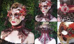 four different pictures of a woman's face covered in lace and crochet